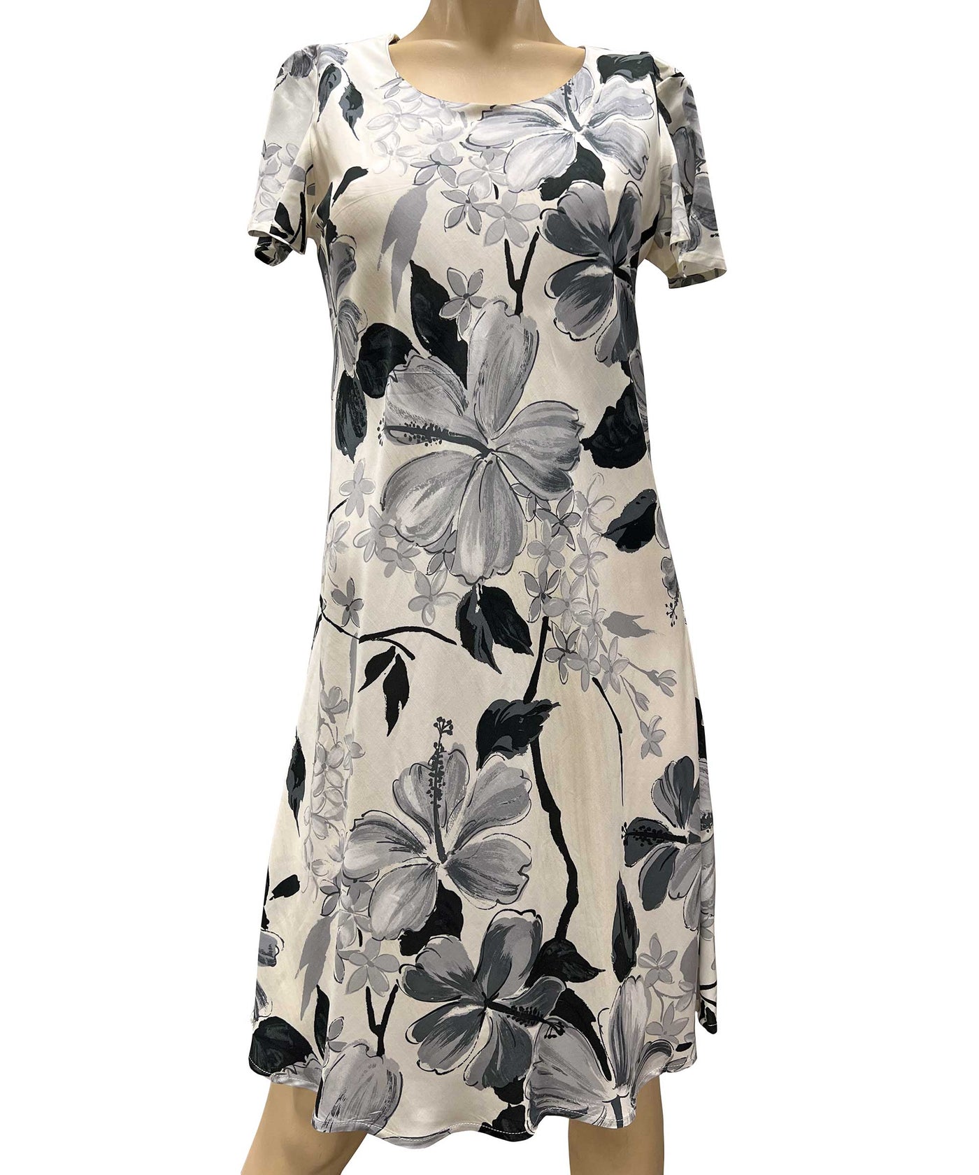 Watercolor Hibiscus Gray A-Line Dress with Cap Sleeves
