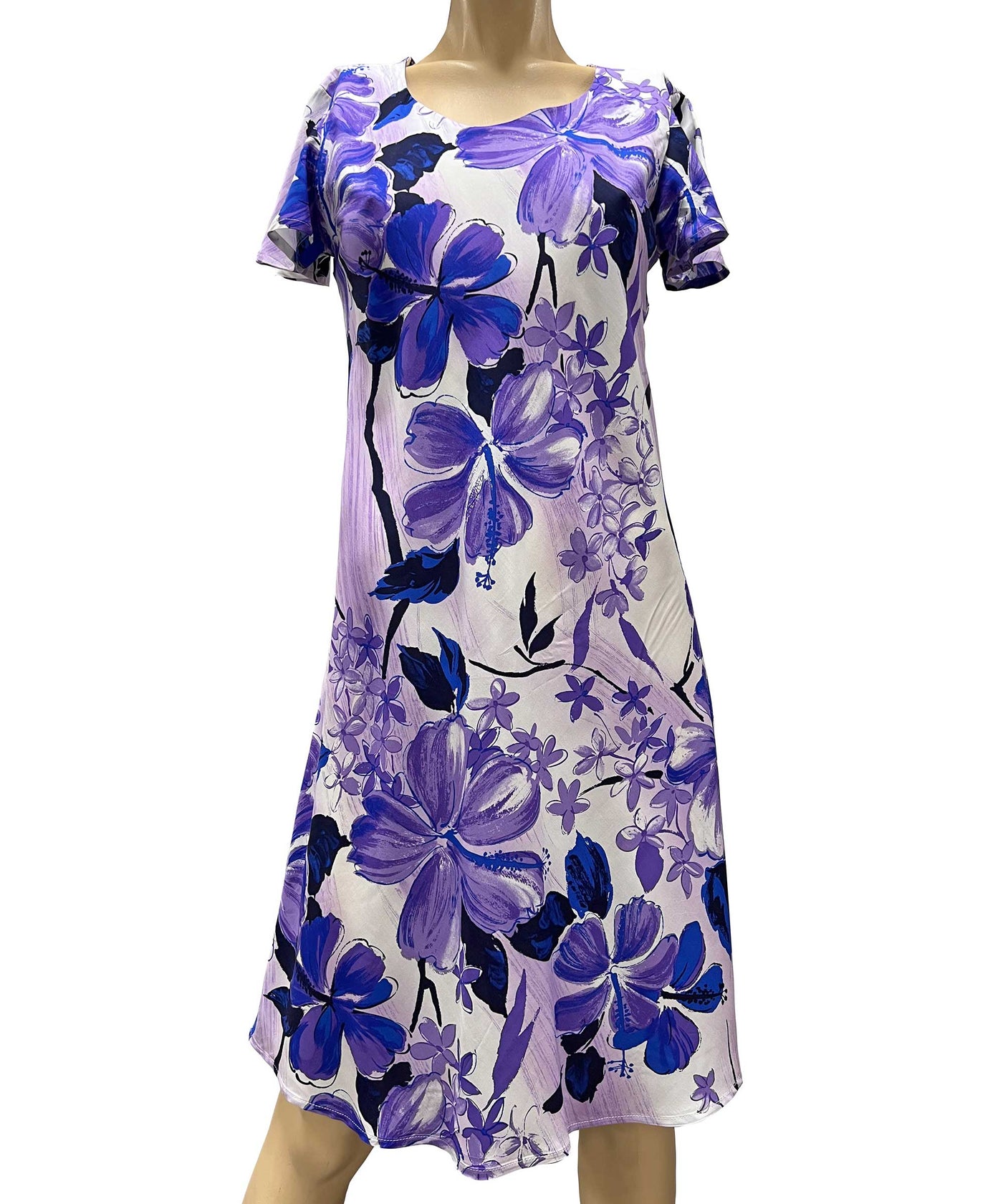 Watercolor Hibiscus Purple A-Line Dress with Cap Sleeves