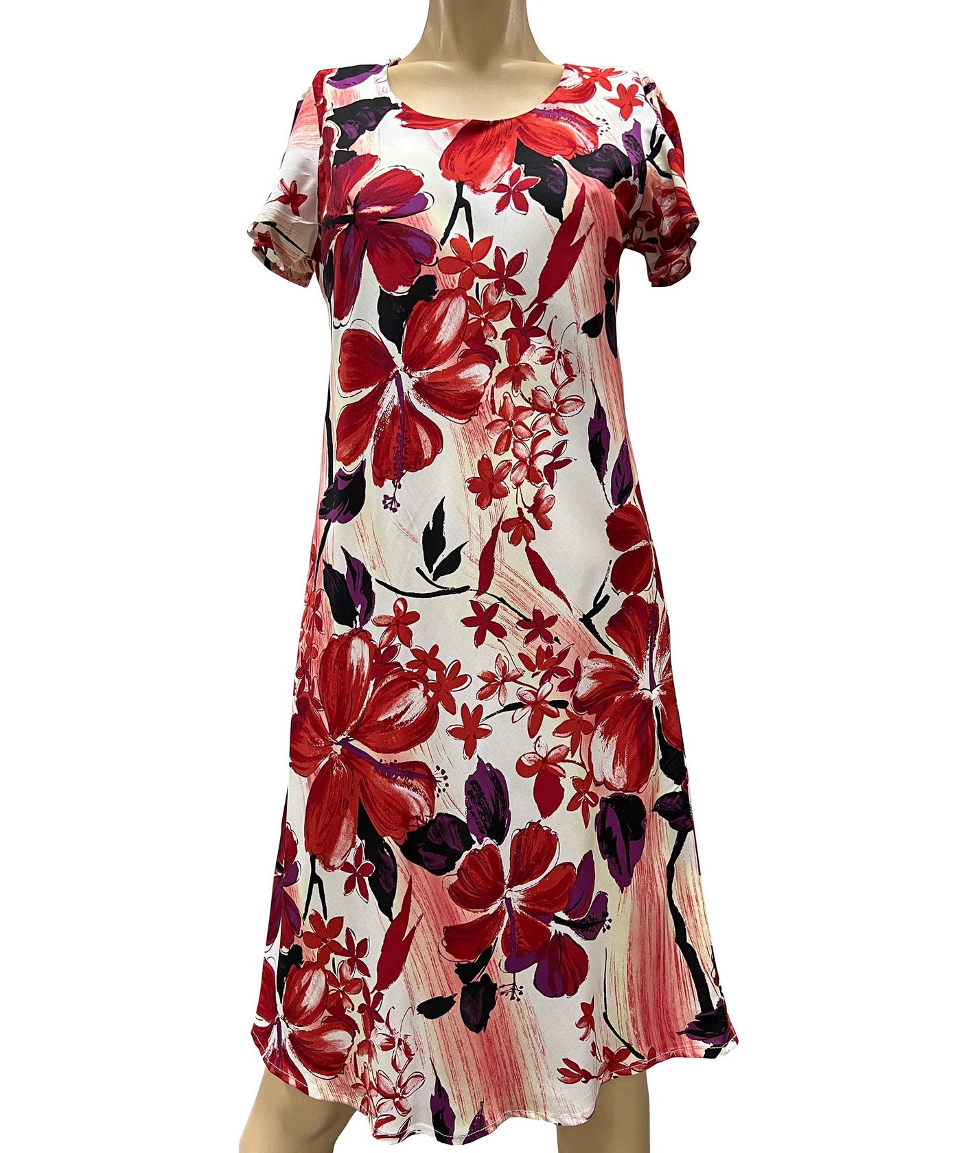 Watercolor Hibiscus Red A-Line Dress with Cap Sleeves