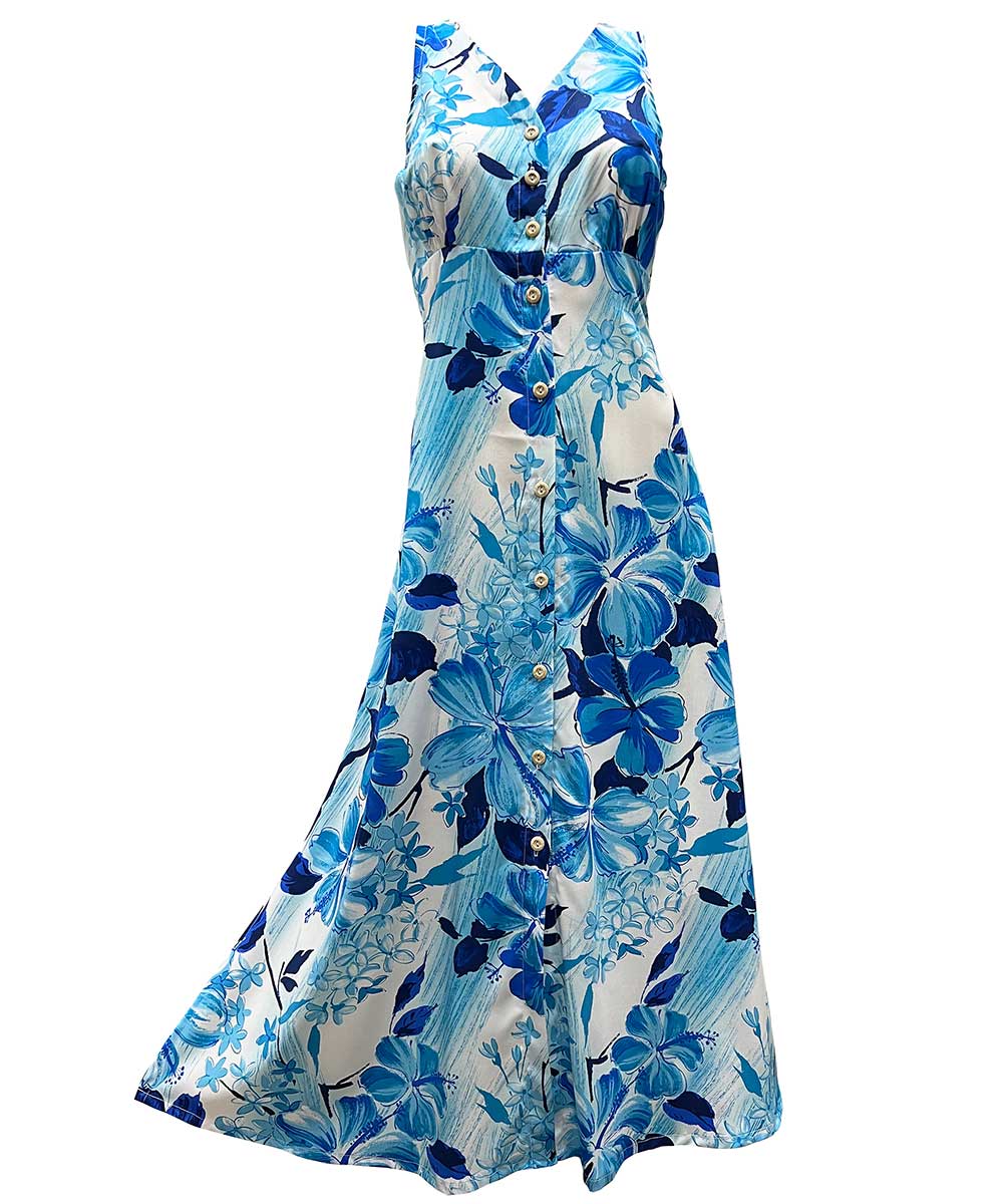 Watercolor Hibiscus Blue Button Front Tank Dress