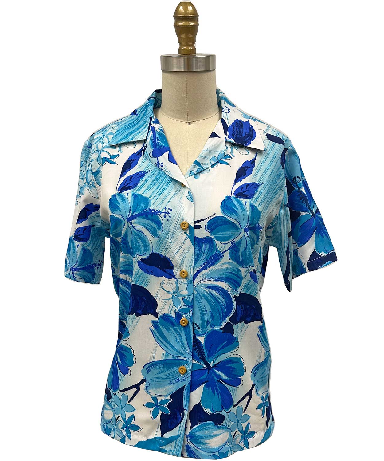 Women's Watercolor Hibiscus Blue Camp Shirt