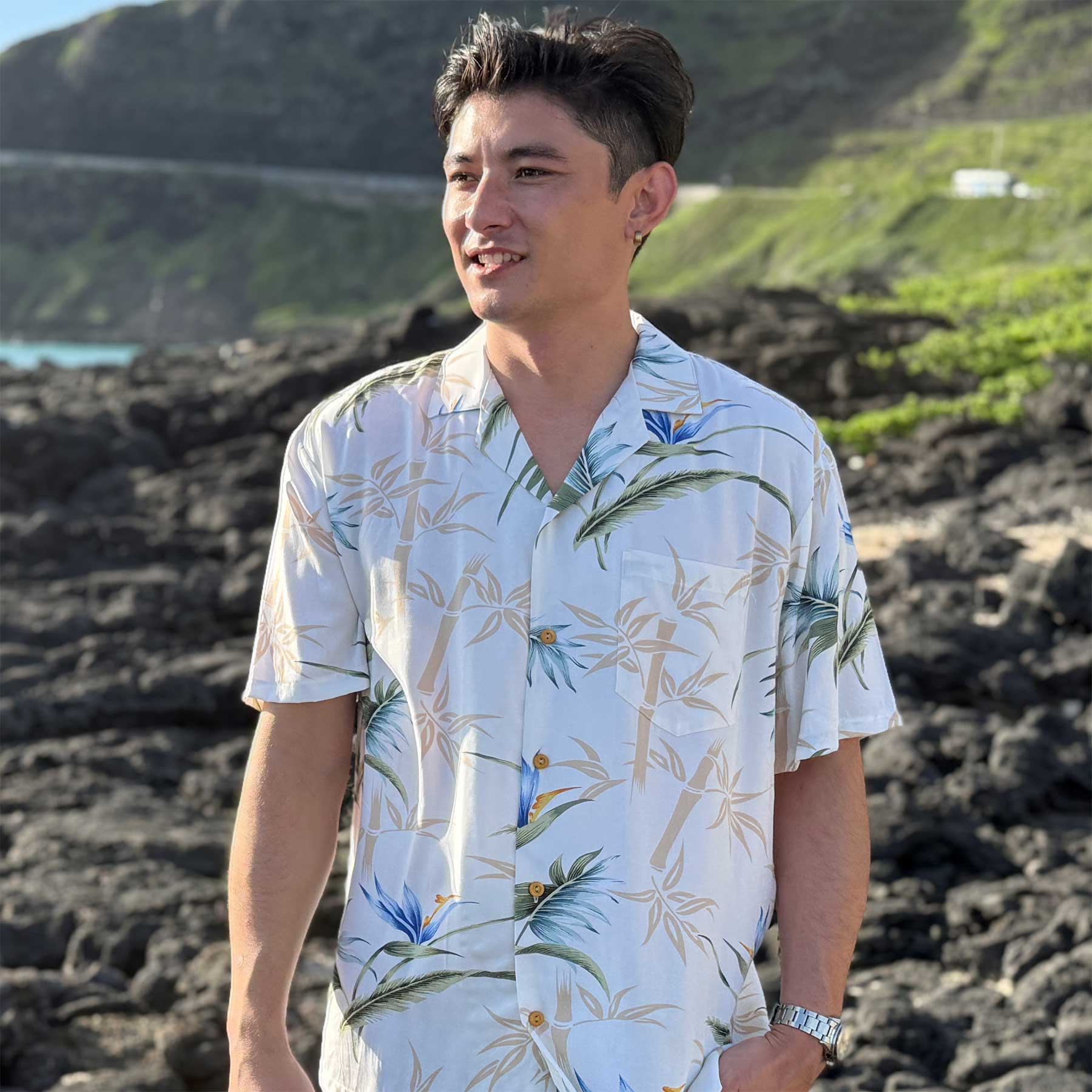 【White HAWAII 369さま専用ページ】ラボ服　らぼ服　ハンドメイド Paradise Found Bamboo Paradise Cream Hawaiian Shirt | AlohaFunWear.com