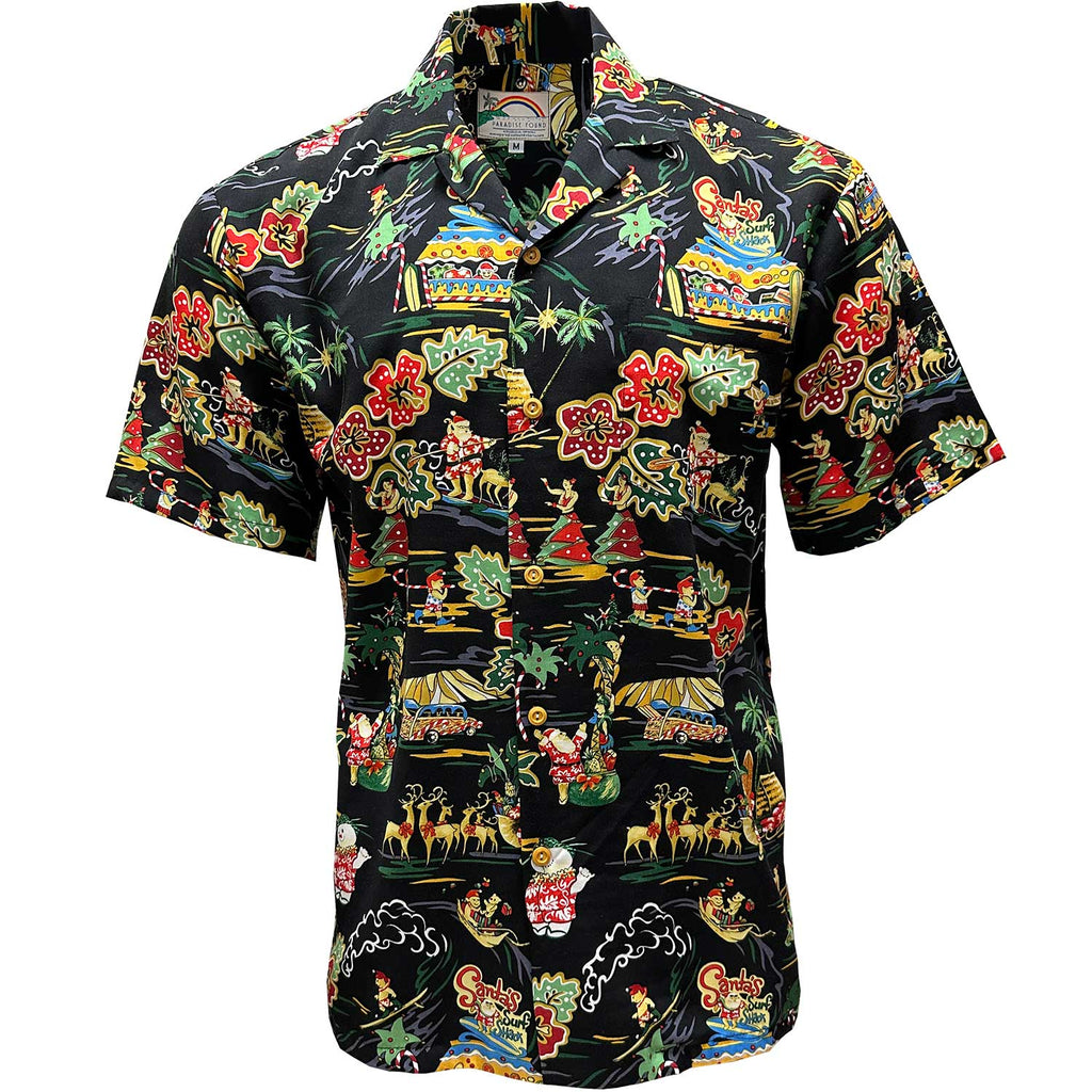 Paradise Found Santa's Surf Shack Black Hawaiian Shirt