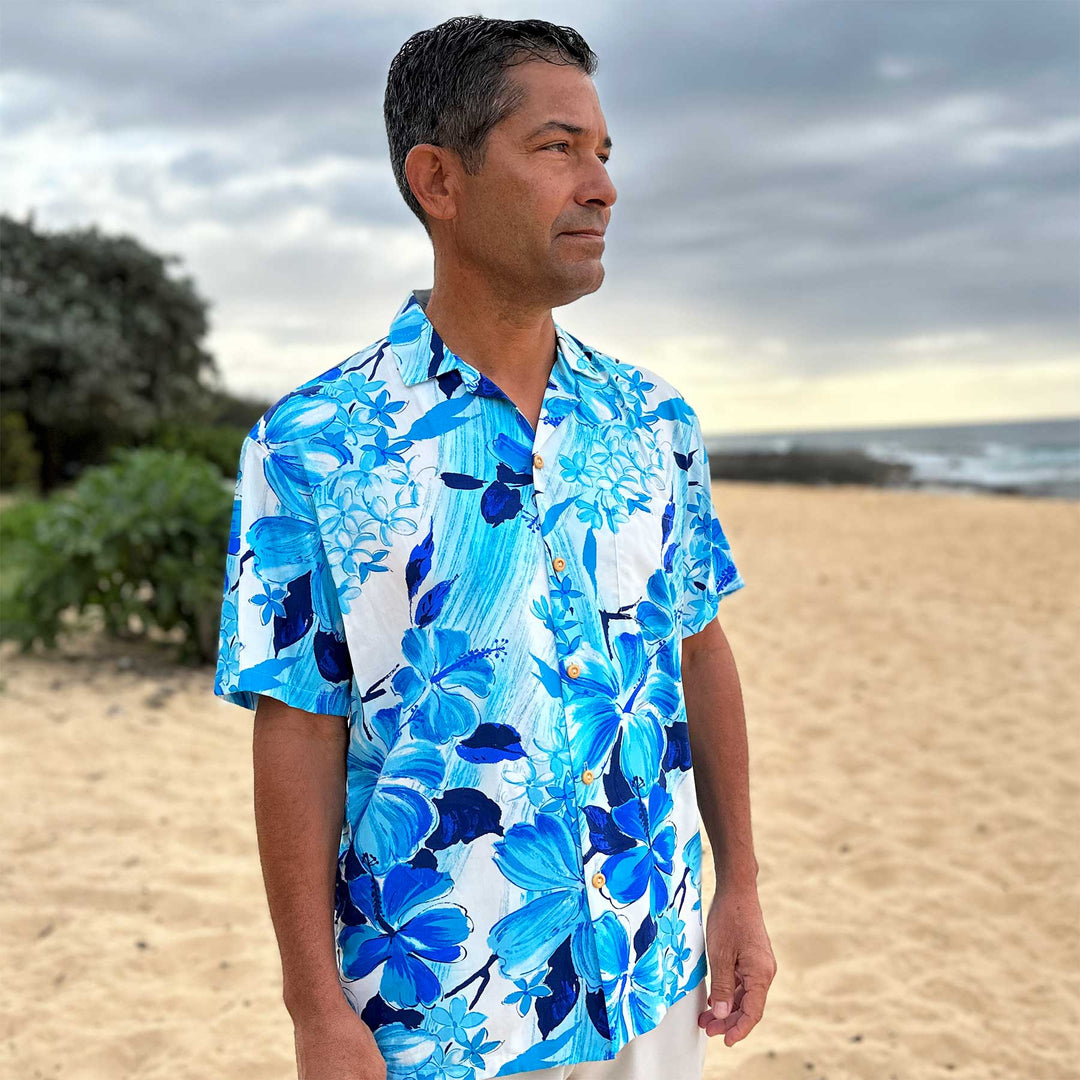 Watercolor Hibiscus Blue Hawaiian Shirt