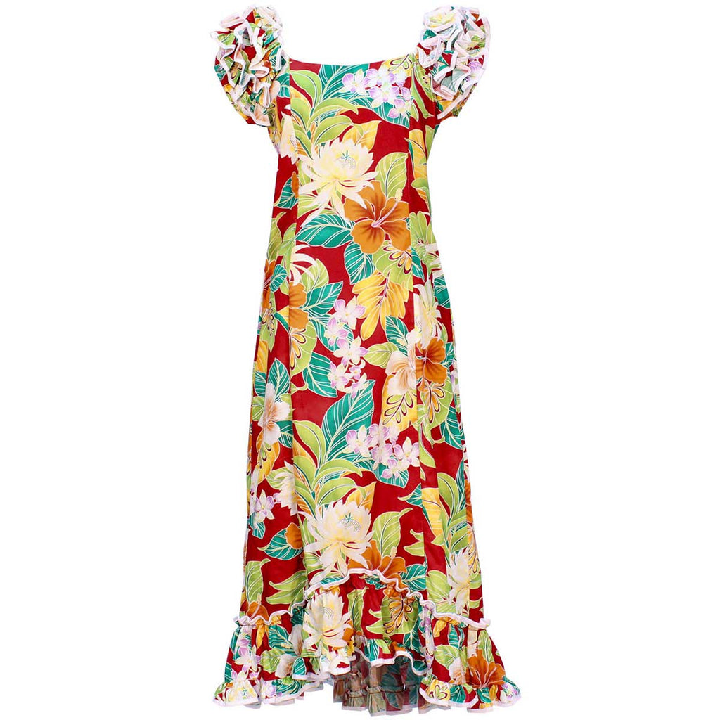 Pacific Legend - Vivacious Vibe Red Ruffle Shoulder Muumuu - Women's Hawaiian Dress