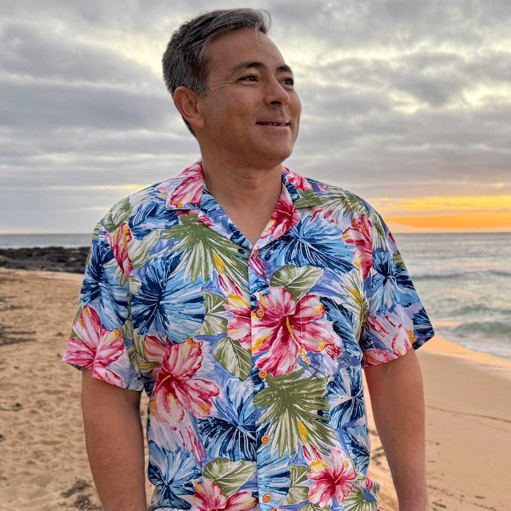 Painted Hibiscus Blue Hawaiian Shirt