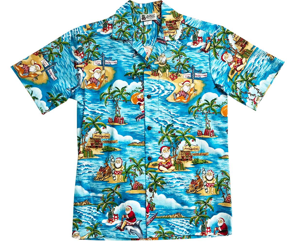 Santa Goes to Hawaii Blue Aloha Shirt