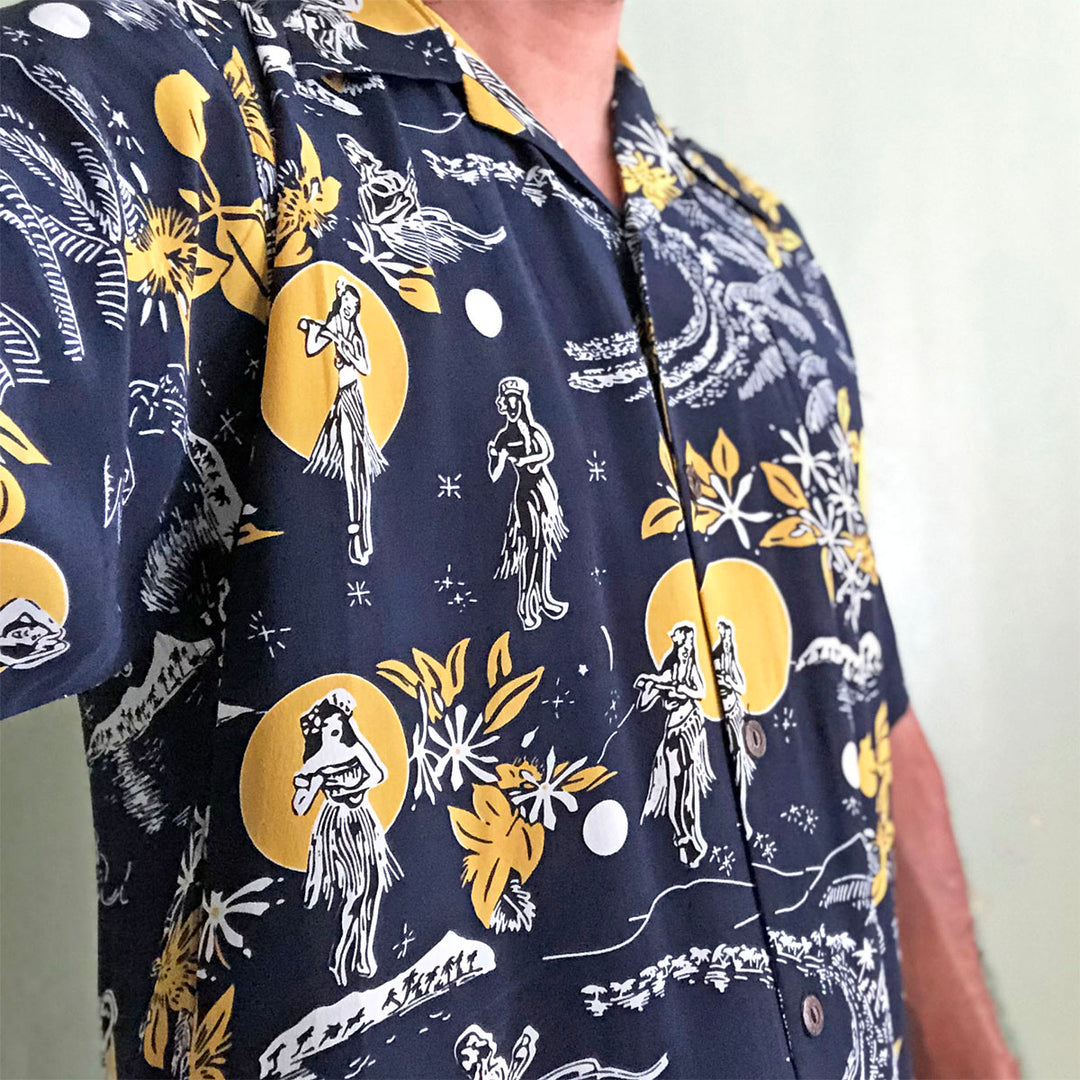 Retro Hula Moon Navy Hawaiian Shirt