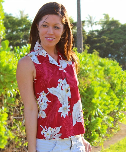 Floral Garden Red Sleeveless Women's Hawaiian Shirt