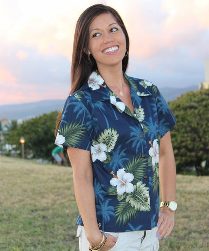 Kilauea Navy Fitted Women's Hawaiian Shirt