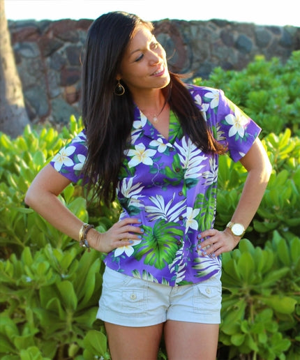 Ms Monstera Purple Fitted Women's Hawaiian Shirt