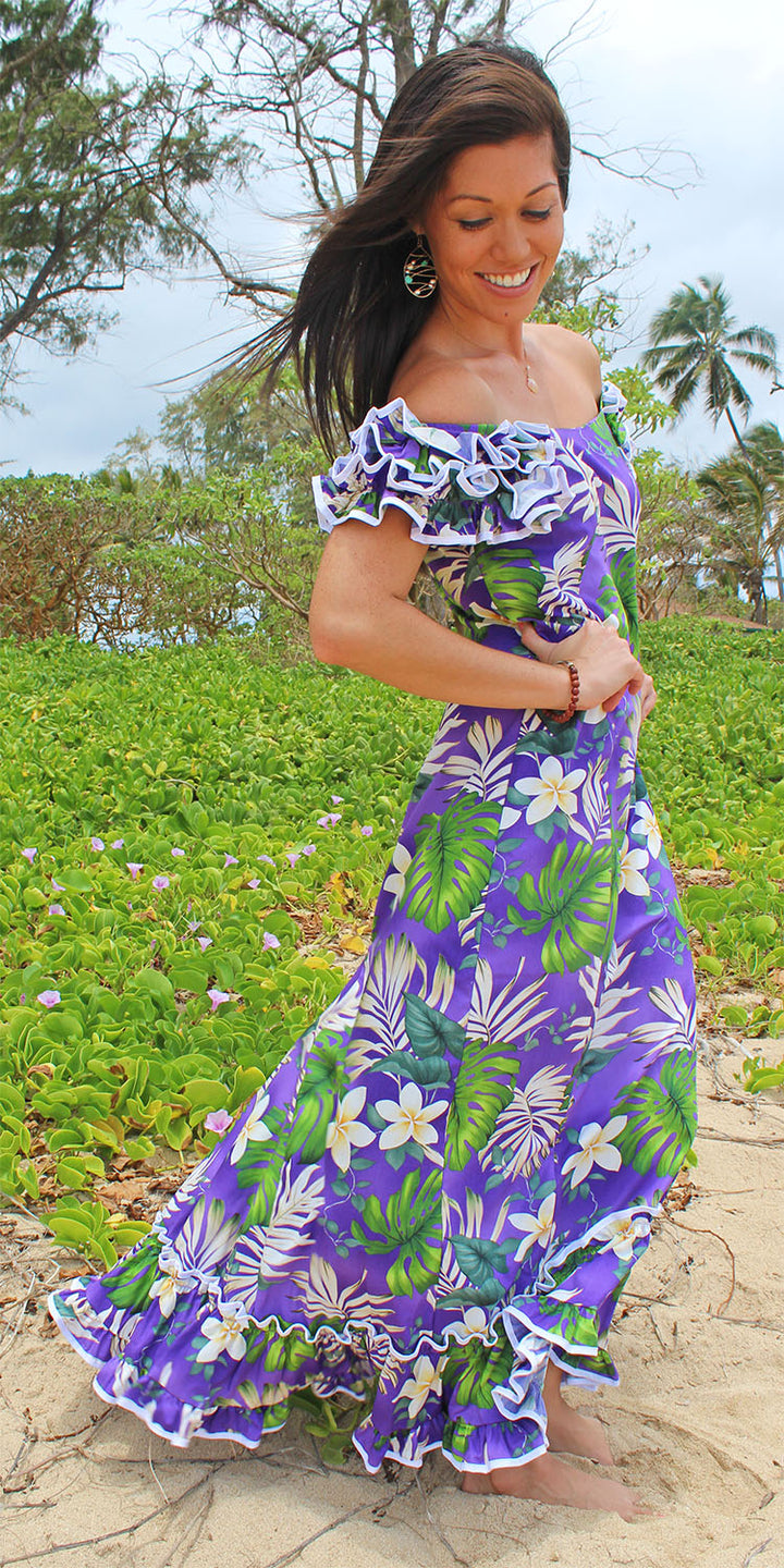 Ms Monstera Purple Ruffle Shoulder Muumuu