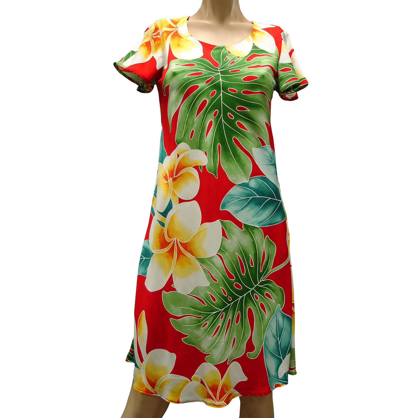 Mega Plumeria Red A-Line Dress with Cap Sleeves