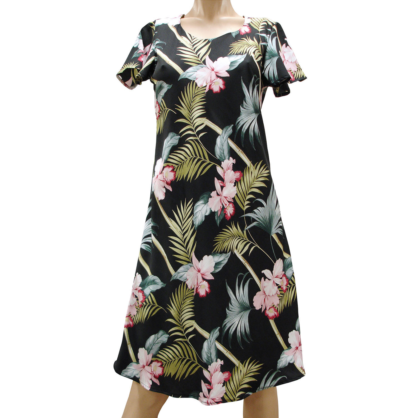 Bamboo Orchid Black A-Line Dress with Cap Sleeves