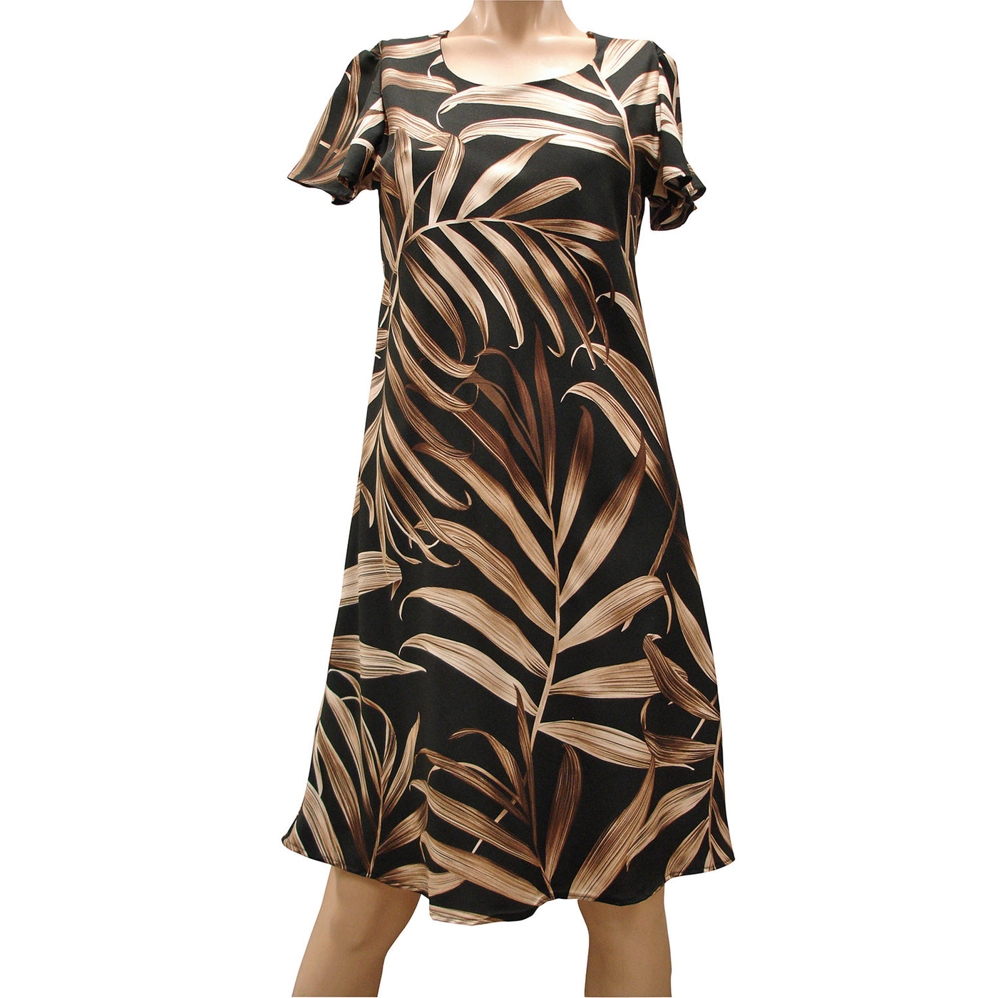 Islander Fronds Black A-Line Dress with Cap Sleeves