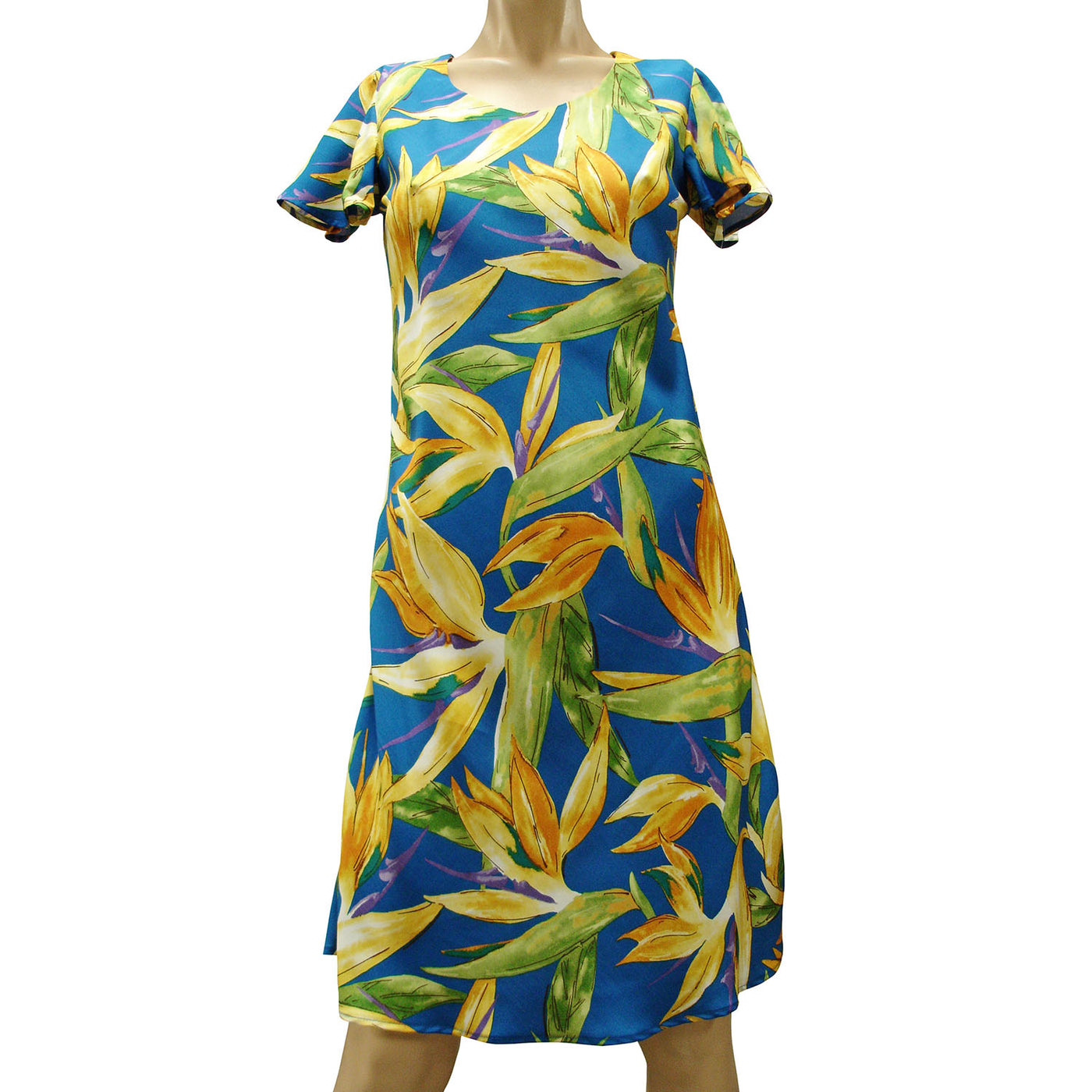 Watercolor Paradise Blue A-Line Dress with Cap Sleeves