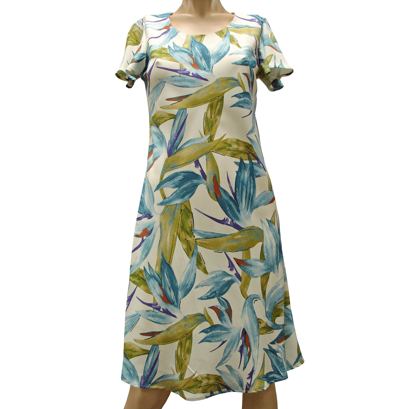 Watercolor Paradise Cream A-Line Dress with Cap Sleeves