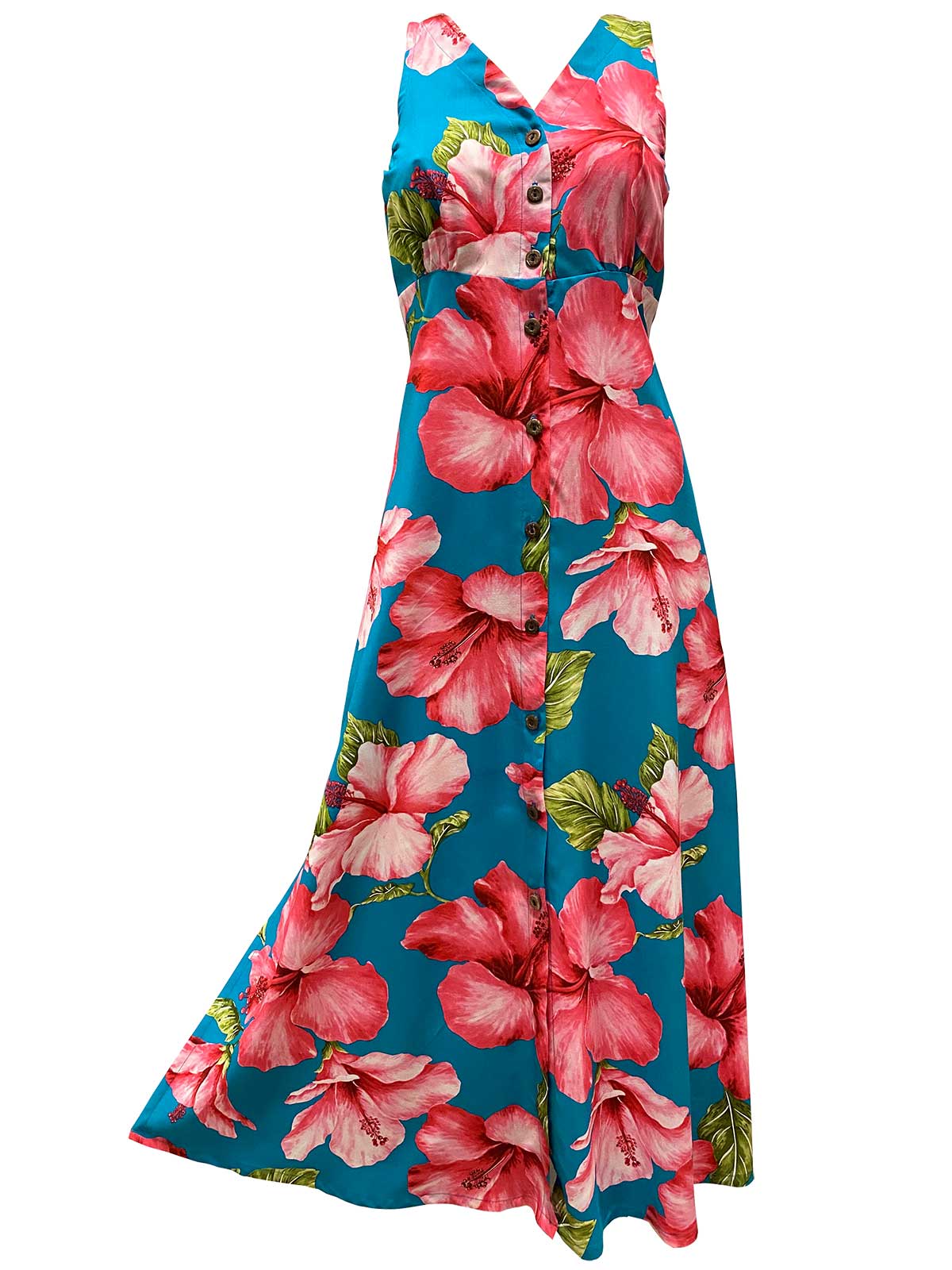 Super Hibiscus Teal Button Front Tank Dress