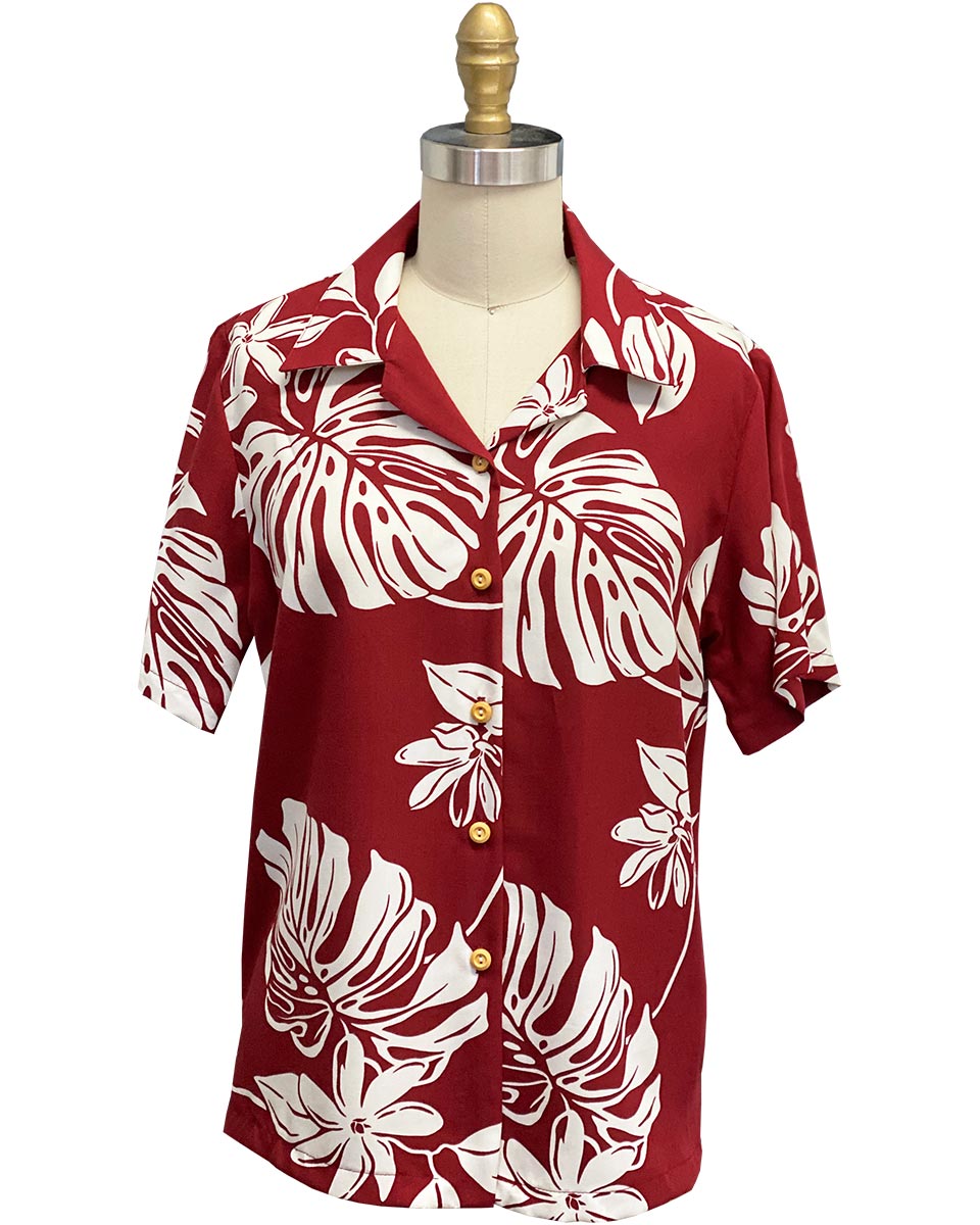 Paradise Found Women's Tiare Fest Red Camp Shirt | AlohaFunWear.com