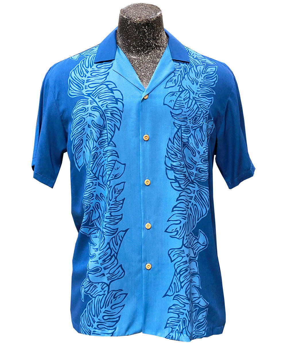 Paradise Found Monstera Panel Blue Hawaiian Shirt | AlohaFunWear.com