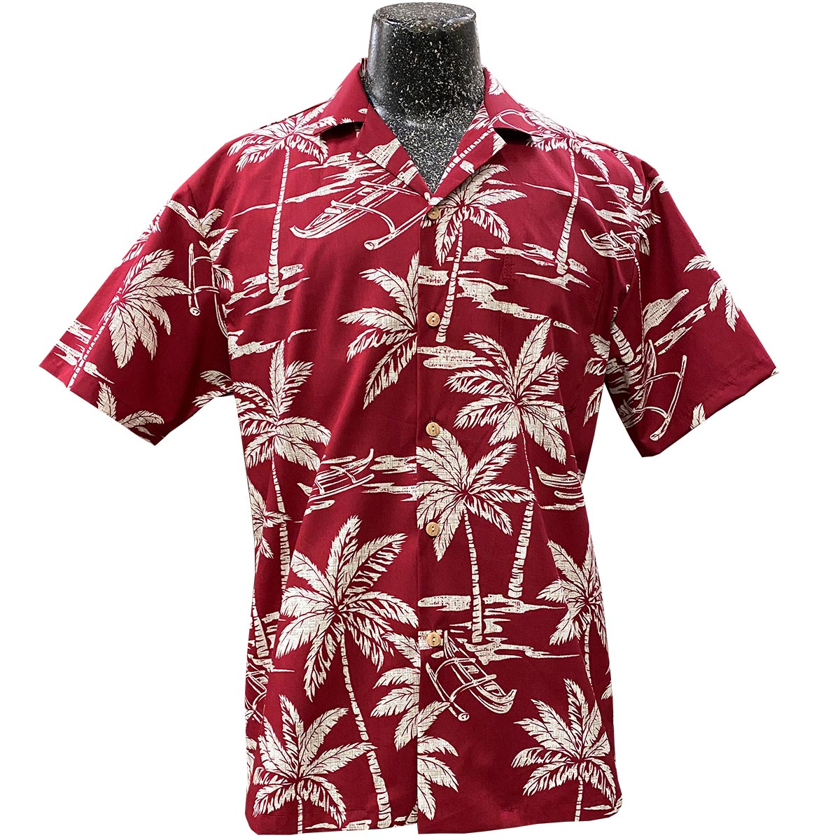 Waimea Casuals Palm Tree Canoe Red Hawaiian Shirt | AlohaFunWear.com