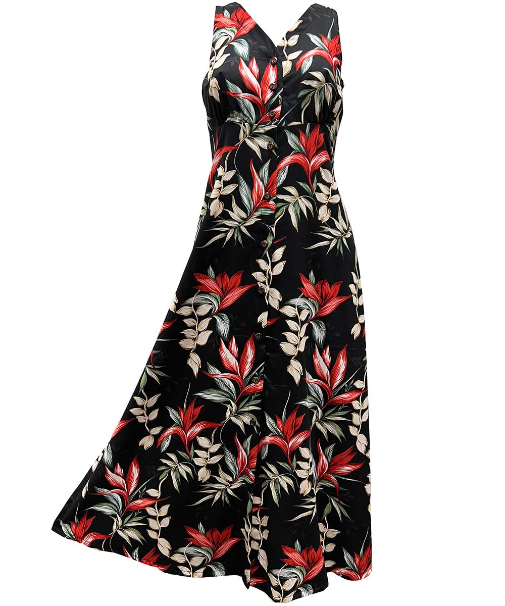 Heliconia Paradise Black Button Front Tank Dress