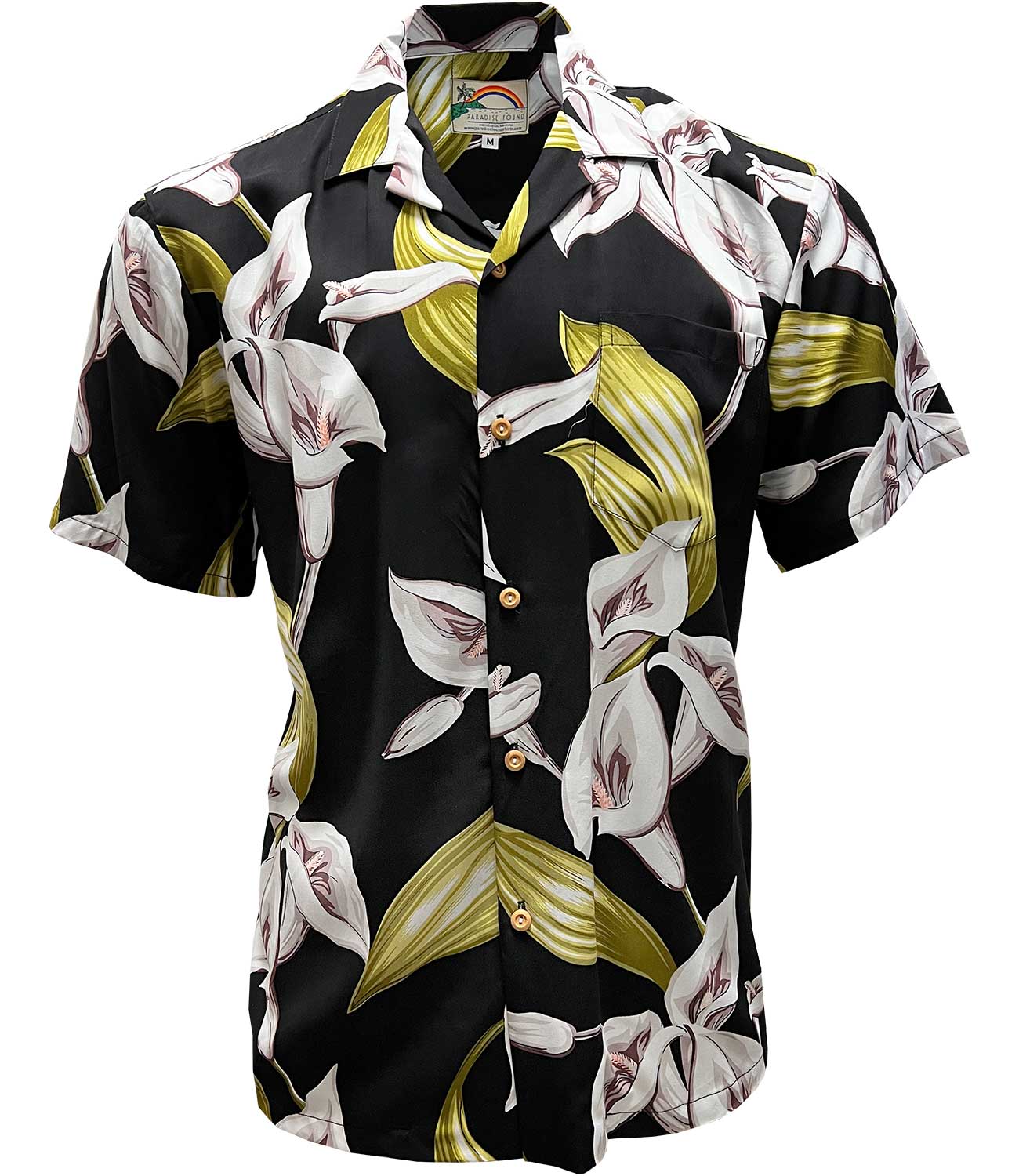 Paradise Found Calla Lily Black Hawaiian Shirt | AlohaFunWear.com