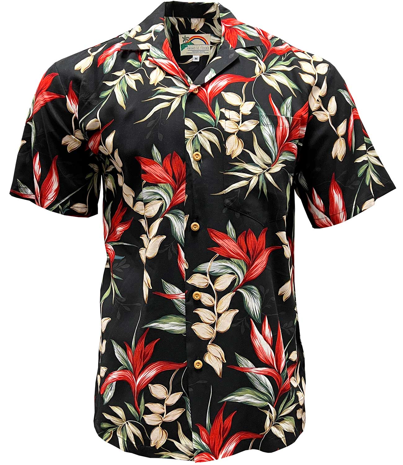 Paradise Found Heliconia and Paradise Black Hawaiian Shirt | AlohaFunWear.com