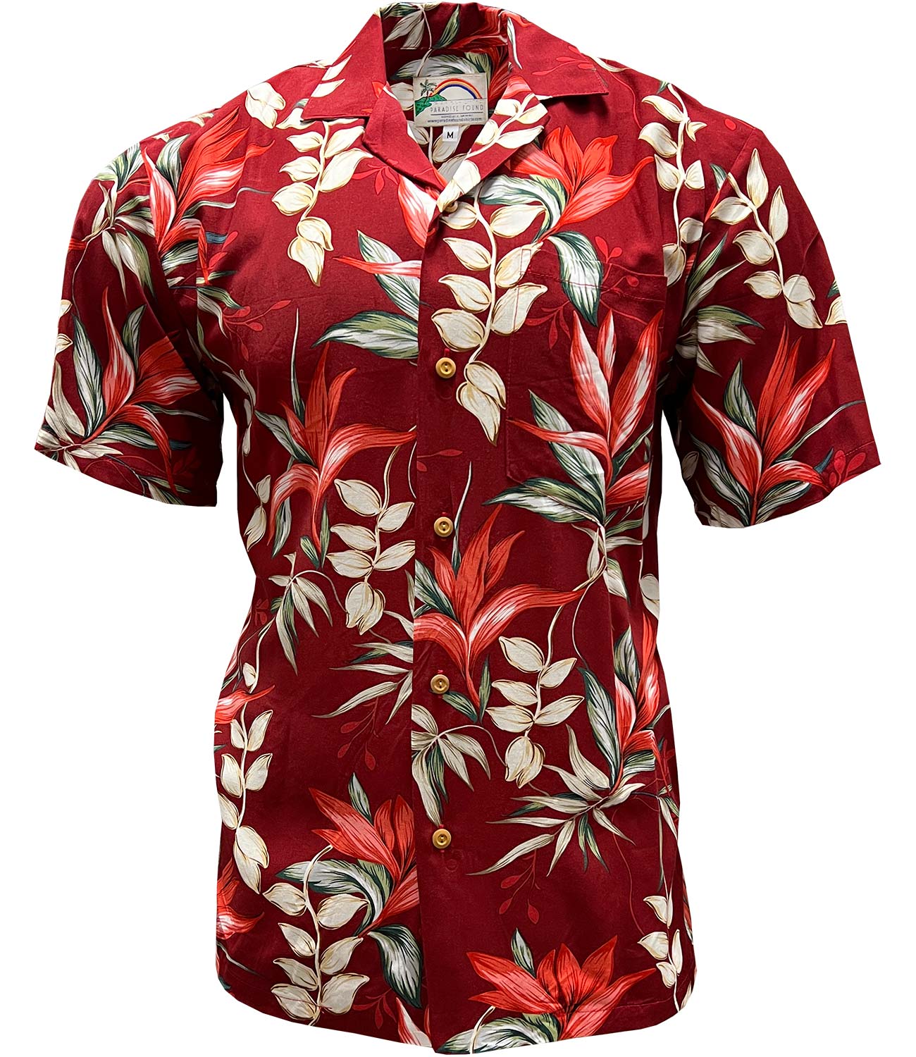 Paradise Found Heliconia and Paradise Red Hawaiian Shirt | AlohaFunWear.com