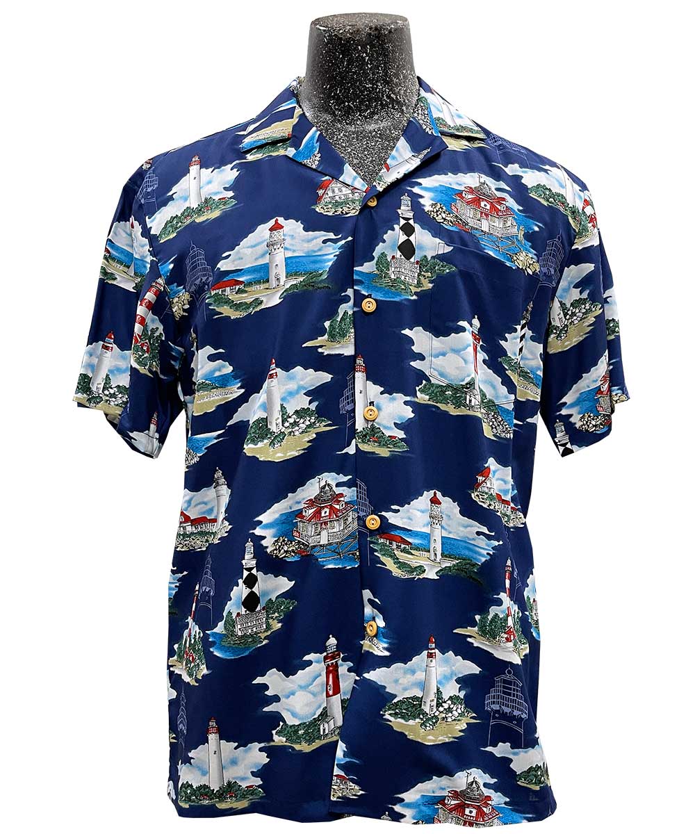 Paradise Found Ocean Lighthouse Navy Hawaiian Shirt | AlohaFunWear.com