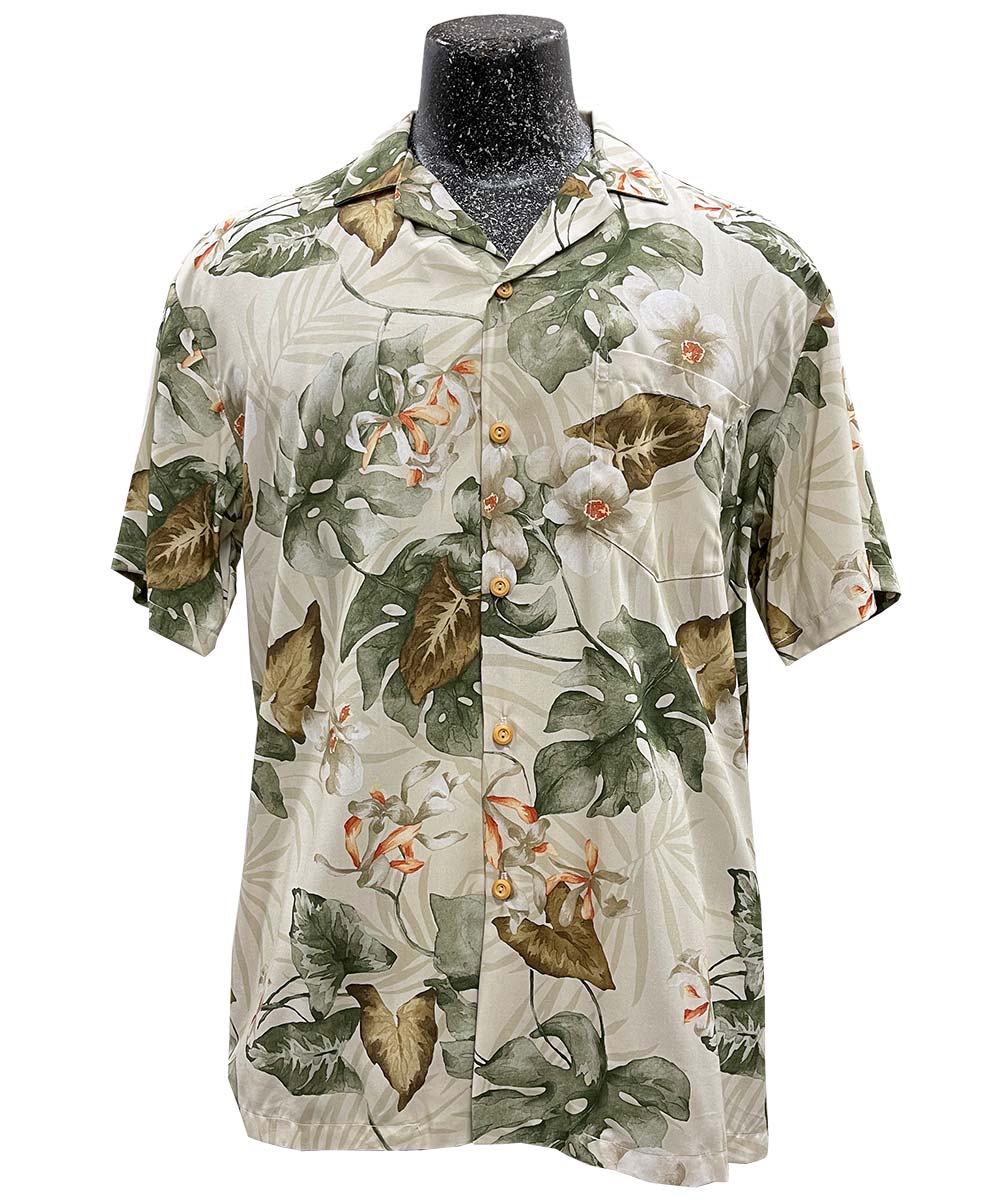 Paradise Found Orchids and Monstera Beige Hawaiian Shirt | AlohaFunWear.com