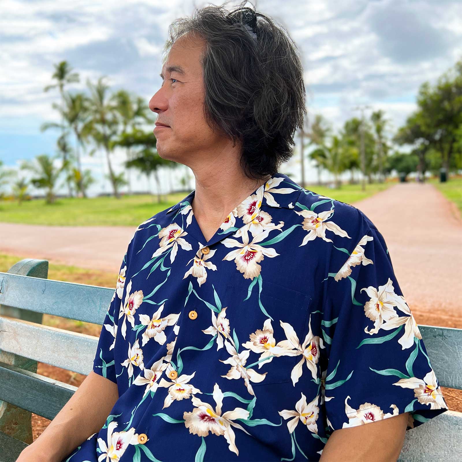 Paradise Found Star Orchid Navy Hawaiian Shirt | AlohaFunWear.com