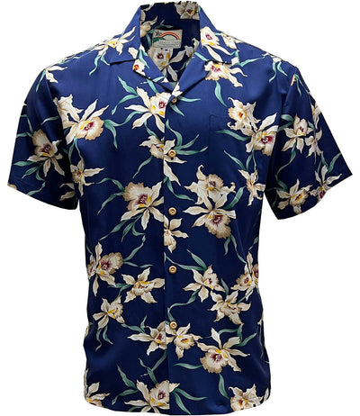 Paradise Found Star Orchid Navy Hawaiian Shirt | AlohaFunWear.com