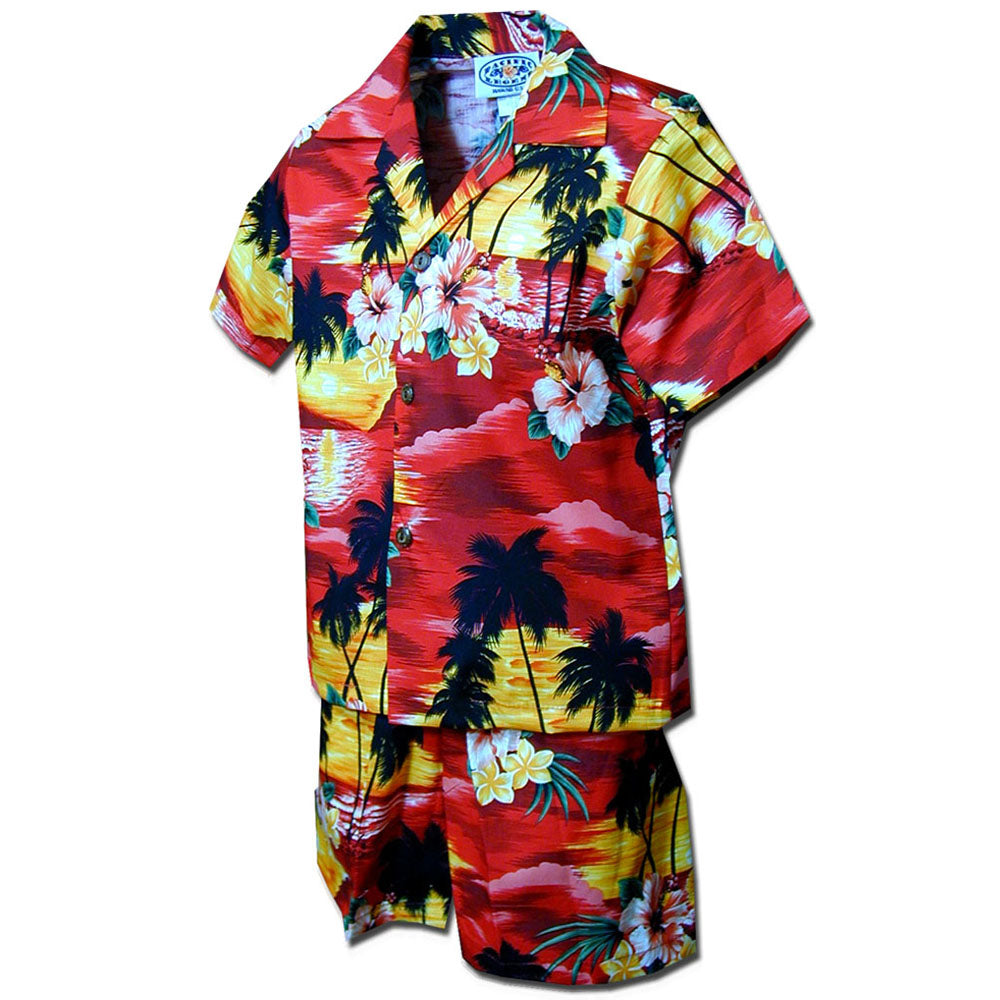 アロハボーイ Waikiki Sunset Red Boy's Hawaiian Shirt and Shorts – AlohaFunWear.com