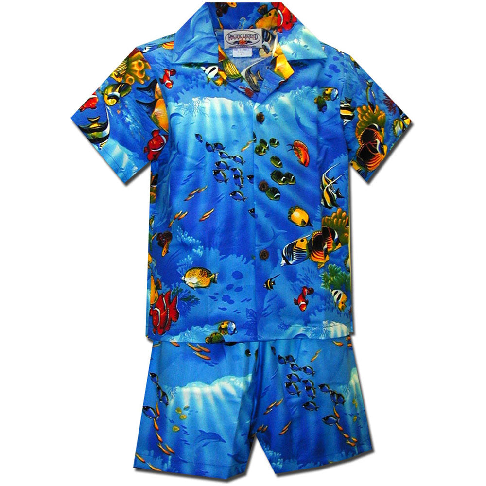 Fishy Time Blue Boy's Hawaiian Shirt and Shorts