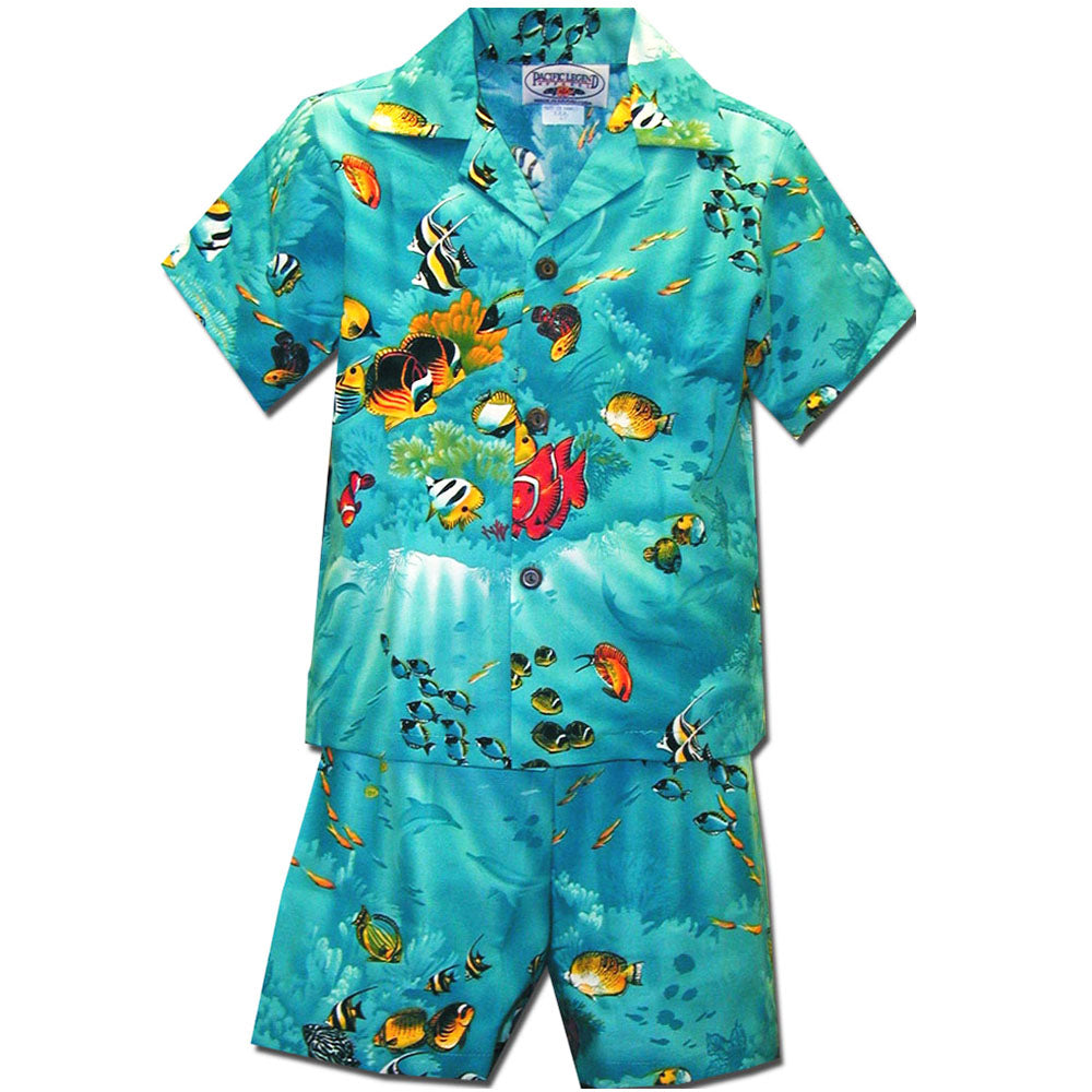 Fishy Time Turquoise Boy's Hawaiian Shirt and Shorts