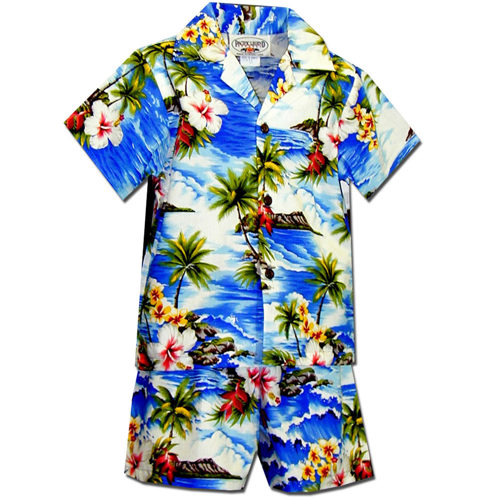 Diamond Head Beach Blue Boy's Hawaiian Shirt and Shorts