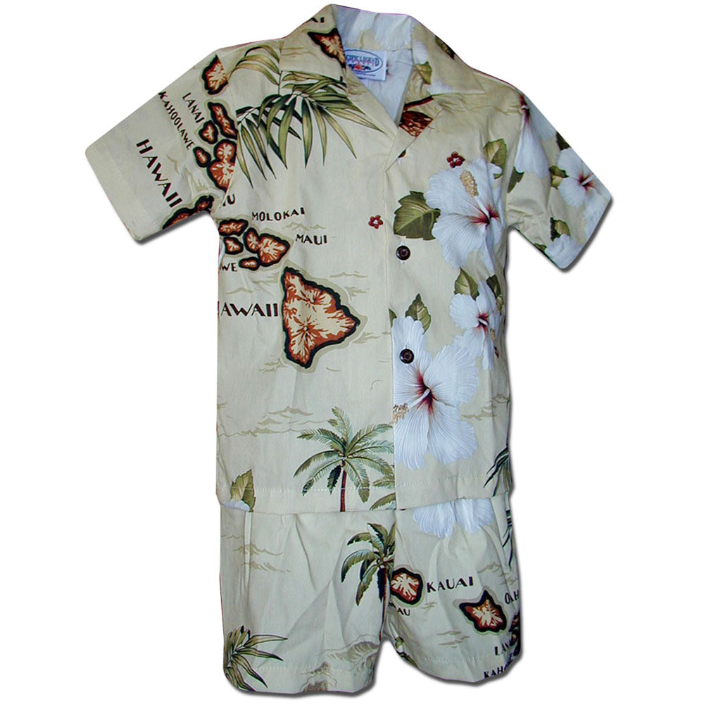 Map of Hawaii Khaki Boy's Hawaiian Shirt and Shorts