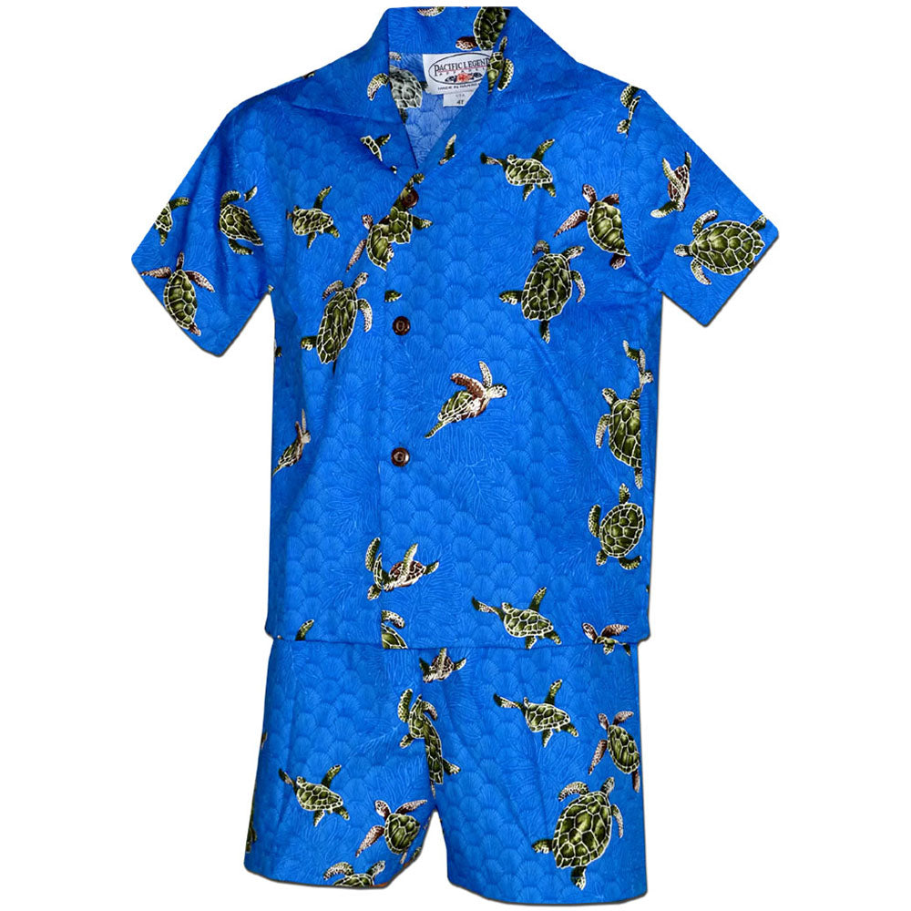 Turtle Time Blue Boy's Hawaiian Shirt and Shorts