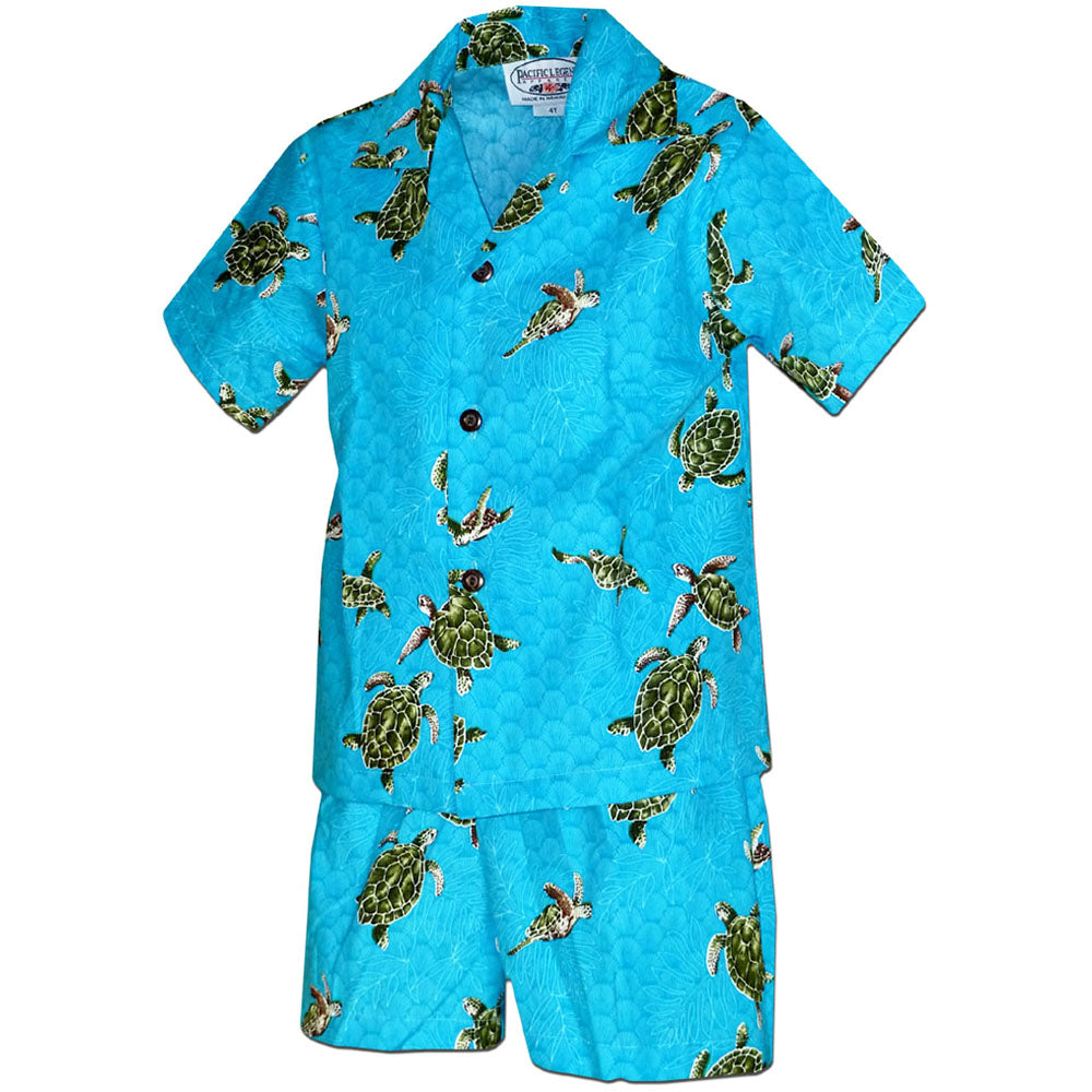 Turtle Time Turquoise Boy's Hawaiian Shirt and Shorts