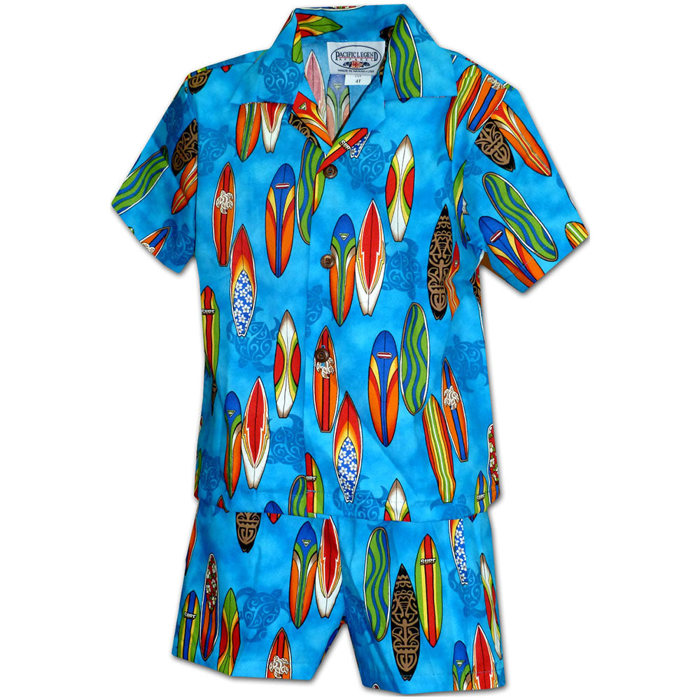 Surfboard Dream Blue Boy's Hawaiian Shirt and Shorts