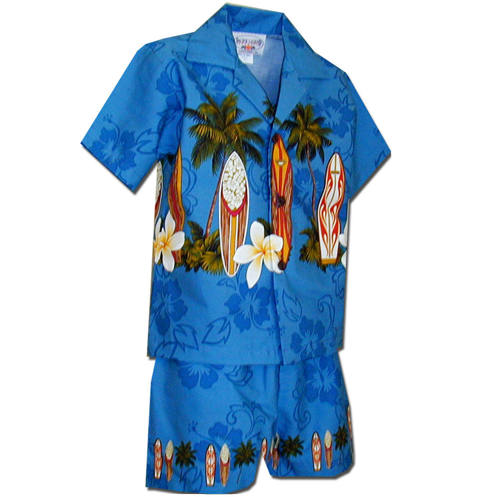 Standing Surfboards Blue Boy's Hawaiian Shirt and Shorts