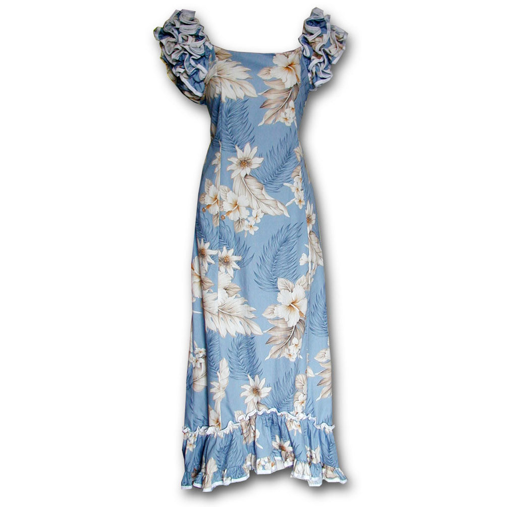 Floral Garden Sky Ruffle Shoulder Muumuu