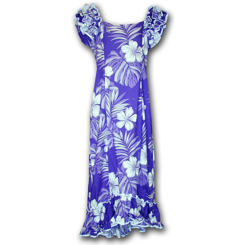 Big Hibiscus Purple Ruffle Shoulder Muumuu