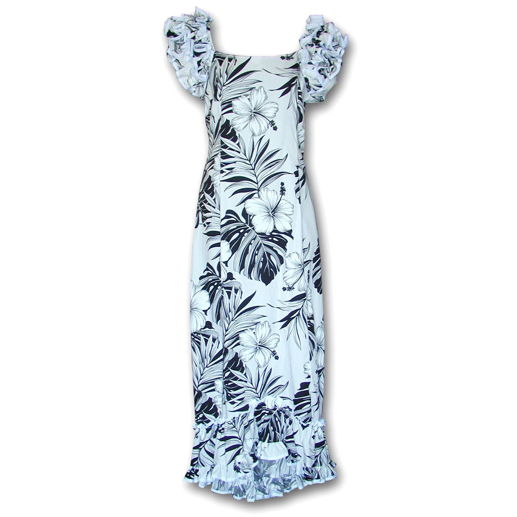 Big Hibiscus White Ruffle Shoulder Muumuu –