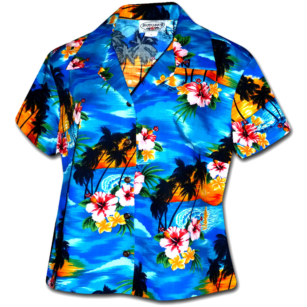 Sunset Waikiki Blue Fitted Women's Hawaiian Shirt