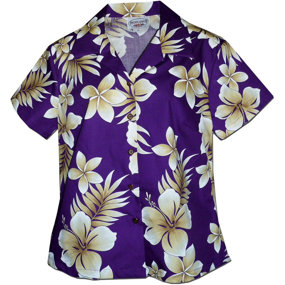 Pacific Legend Tropic Fever Purple Fitted Women's Hawaiian Shirt X-Small