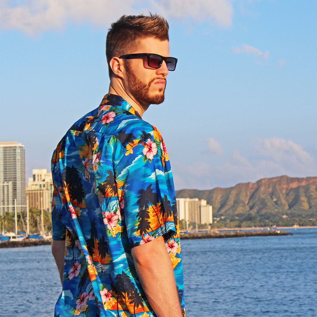 Pacific Legend Diamond Head Sunset Hawaiian Shirt - Blue | AlohaFunWear.com