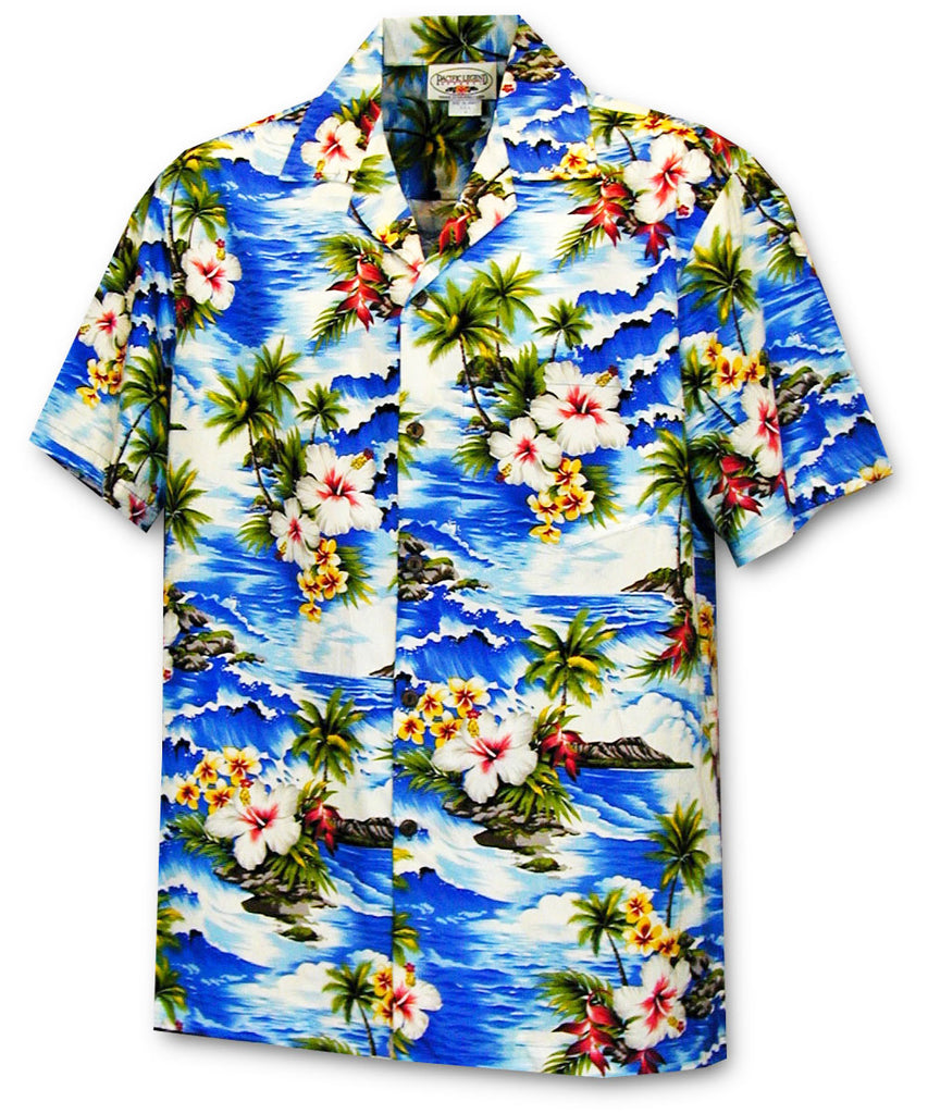 Pacific Legend White Hibiscus Blue Cotton Women's Fitted Hawaiian Shirt