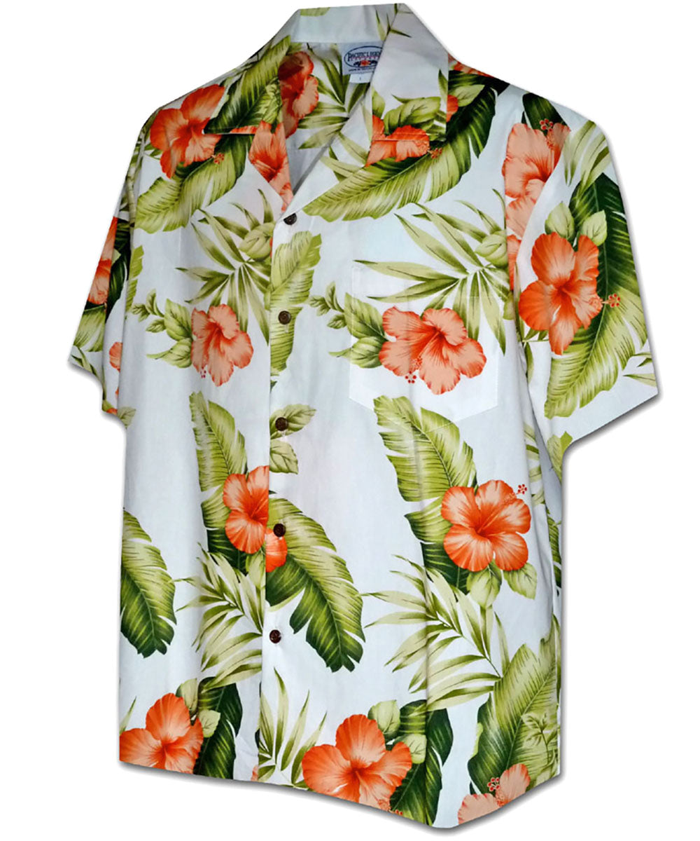 Orange Hibiscus White Hawaiian Shirt